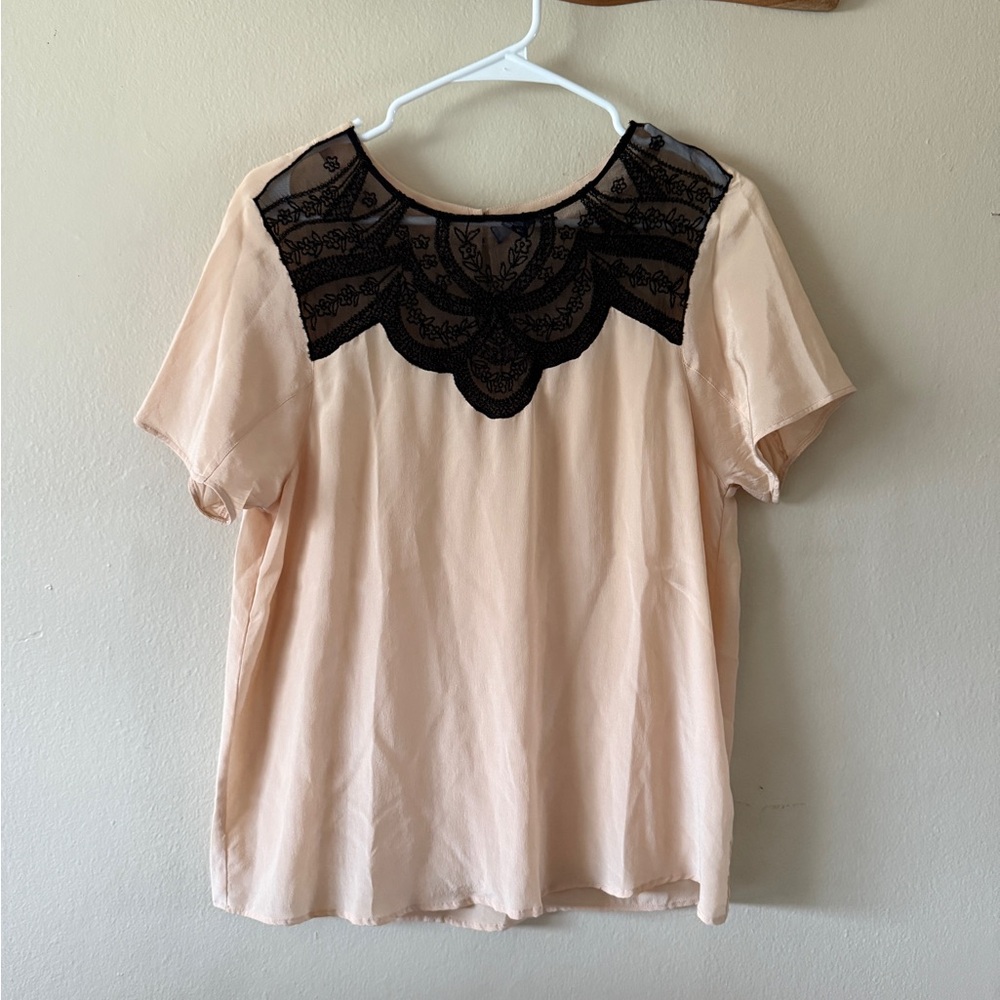 Anthropologie Lil 100% Silk Blush Pink Embroidered Tulle Yoke Top Size S
